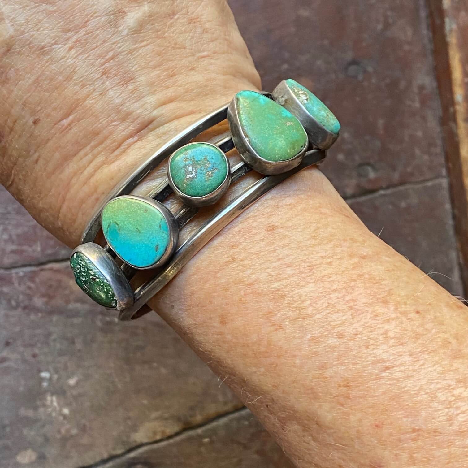 Early Navajo Cuff Bracelet with Bi-Colored Natural Turquoise Sterling