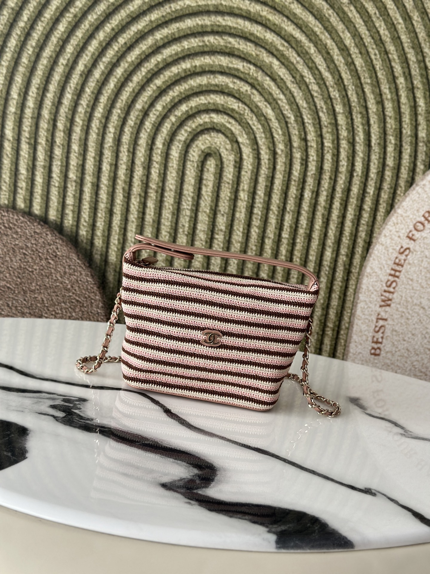 26P Cruise Mini Hobo Pouch with Chain in Pink/Brown/White Striped Crochet and Lambskin with Light Gold-Tone Hardware - Mocuir