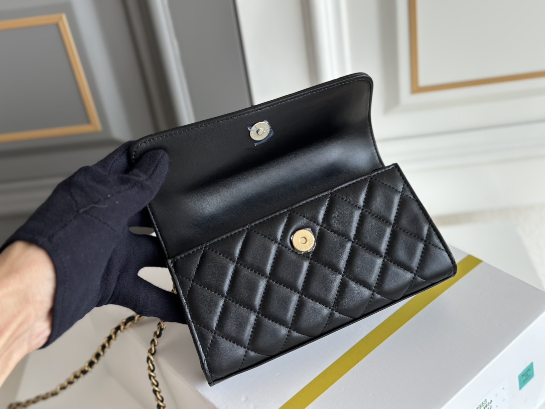 23B Mini Flap Bag with Pearl Handle in Black Quilted Lambskin with Gold-Tone Hardware (Model AS3980) - Mocuir