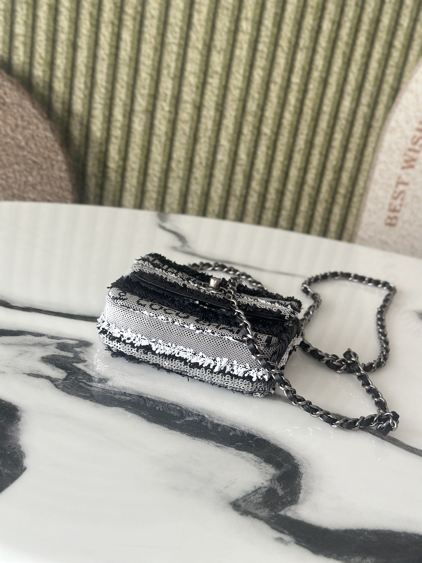 24C25C Mini Classic Flap Bag (AS4561) in Black & White Striped Hand-Embroidered Sequins with COCO Logo & Light Gold-Tone Hardware - Mocuir