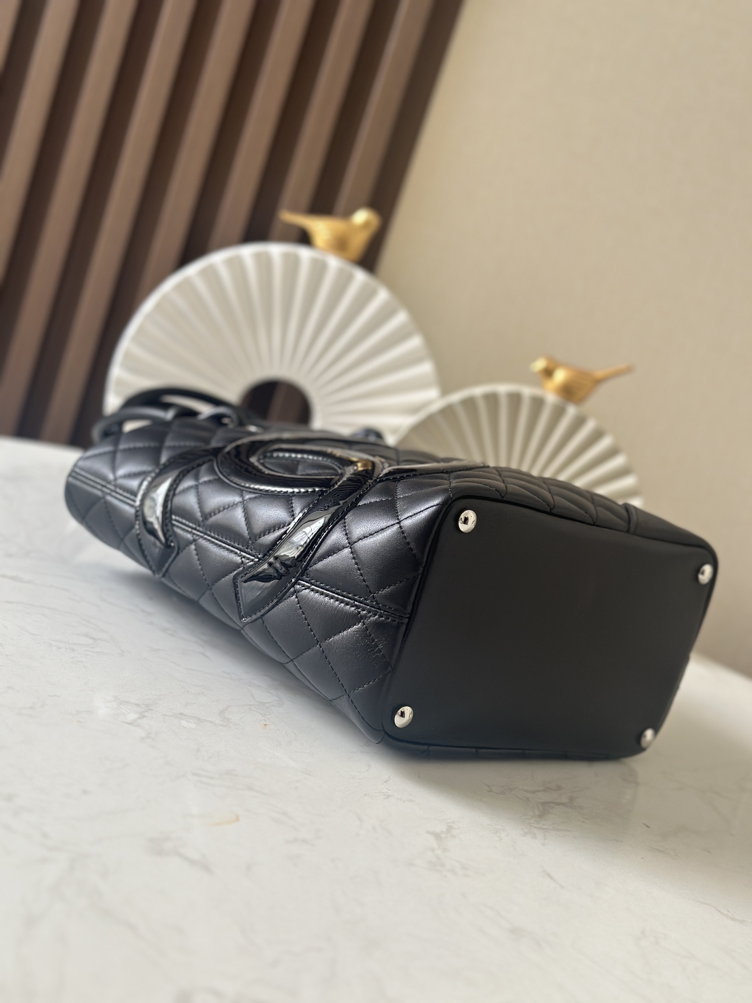 Black Quilted Cambon Small Tote Bag with Patent CC Logo - Mocuir