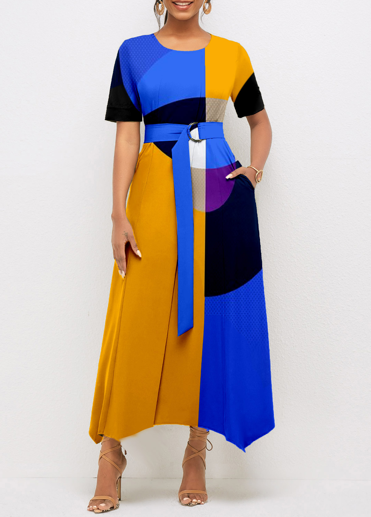 Belted Geometric Print Color Block Dress