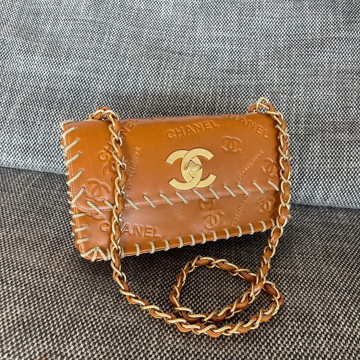 Vintage Caramel Brown Calfskin Leather CF Flap Bag with Embossed Chanel Logo & Whipstitch Trim - Mocuir