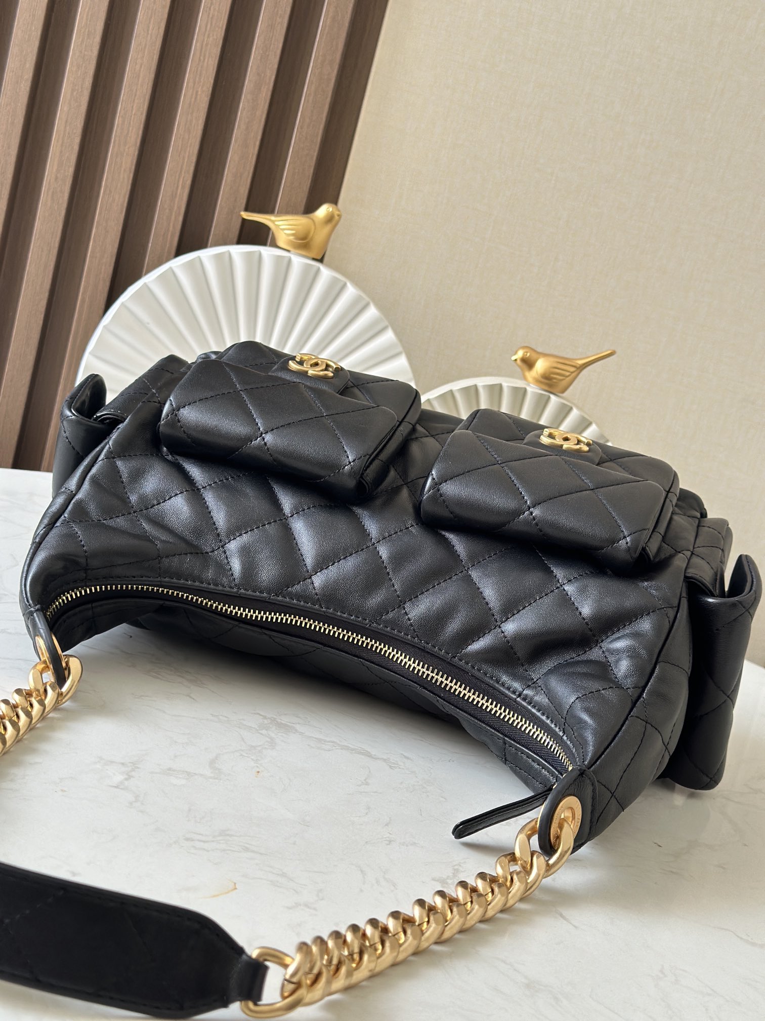 Black Quilted Lambskin Multi-Pocket Hobo Bag with Gold Hardware - Mocuir