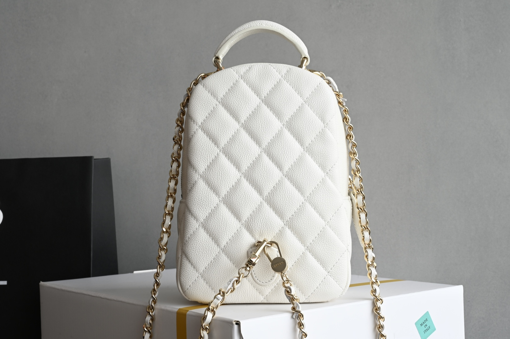 24C Mini Backpack in White Quilted Grained Calfskin (Caviar) with Light Gold-Tone Hardware (Model AP3753) - Mocuir
