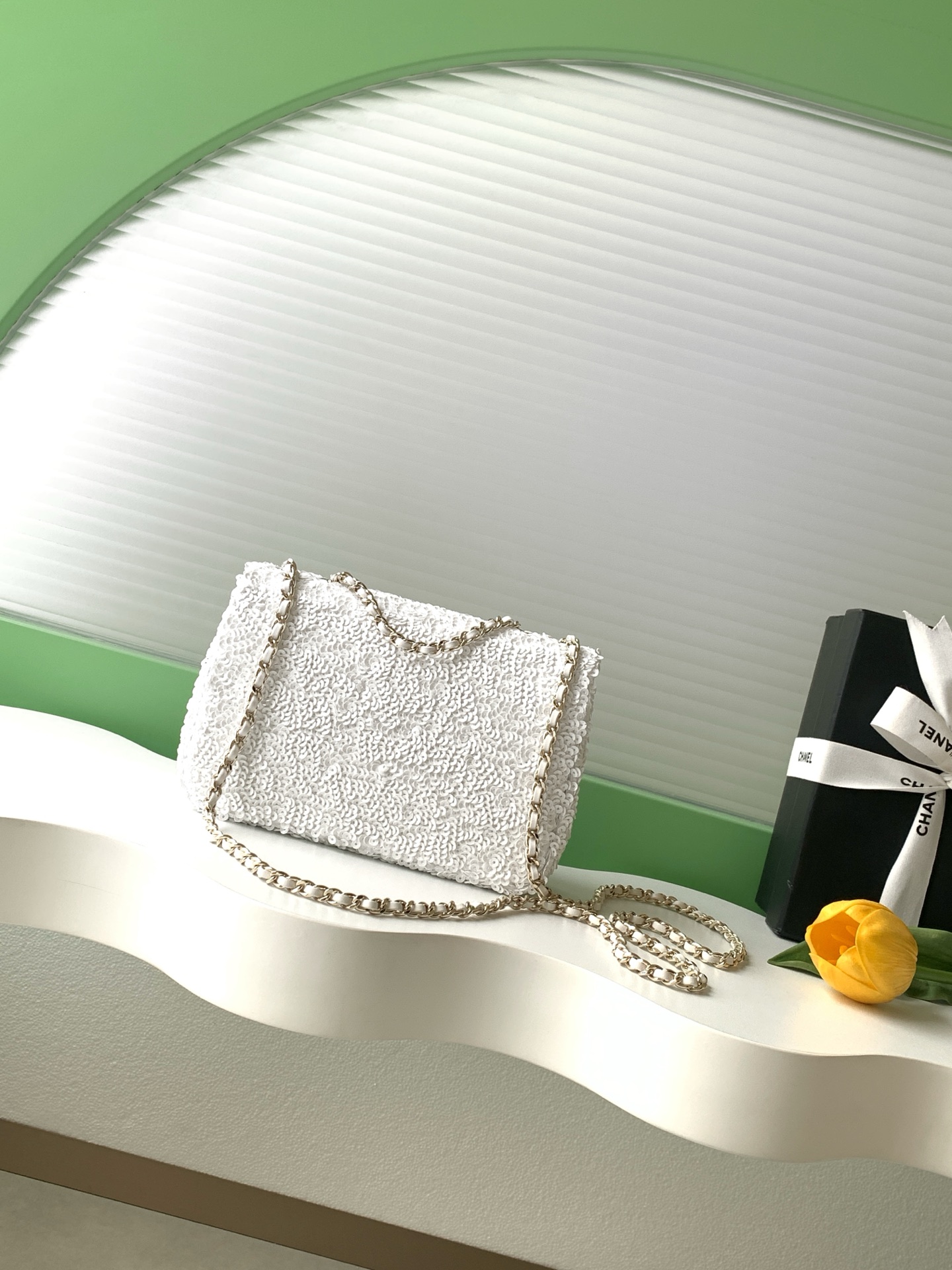 25B White Sequin Classic Flap (AS4561) in Quilted Sequins with Light Gold-Tone Hardware - Mocuir