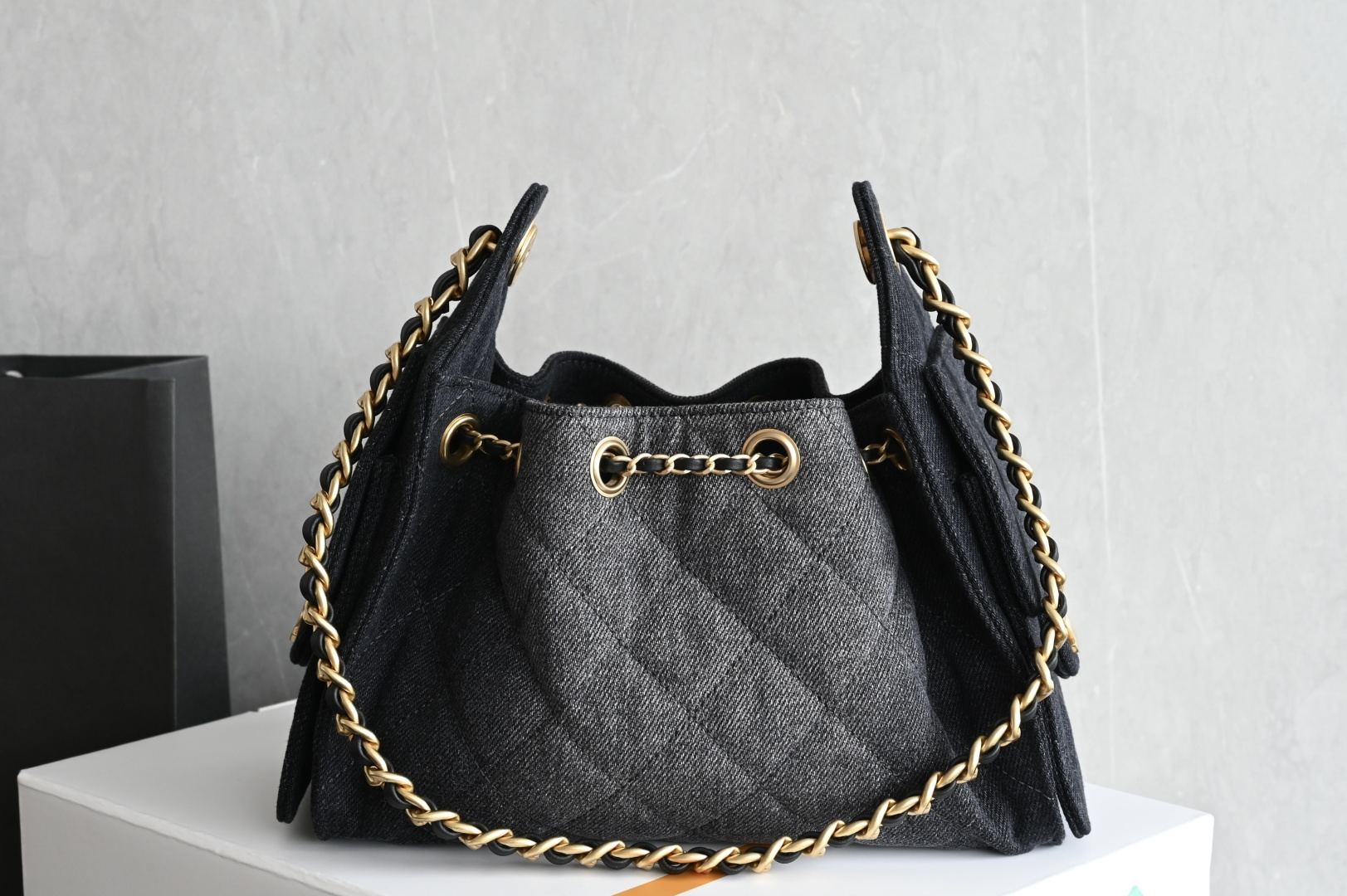 25 Mini Handbag (AS5631) in Black Washed Denim with Antique Gold-Tone Hardware - Mocuir