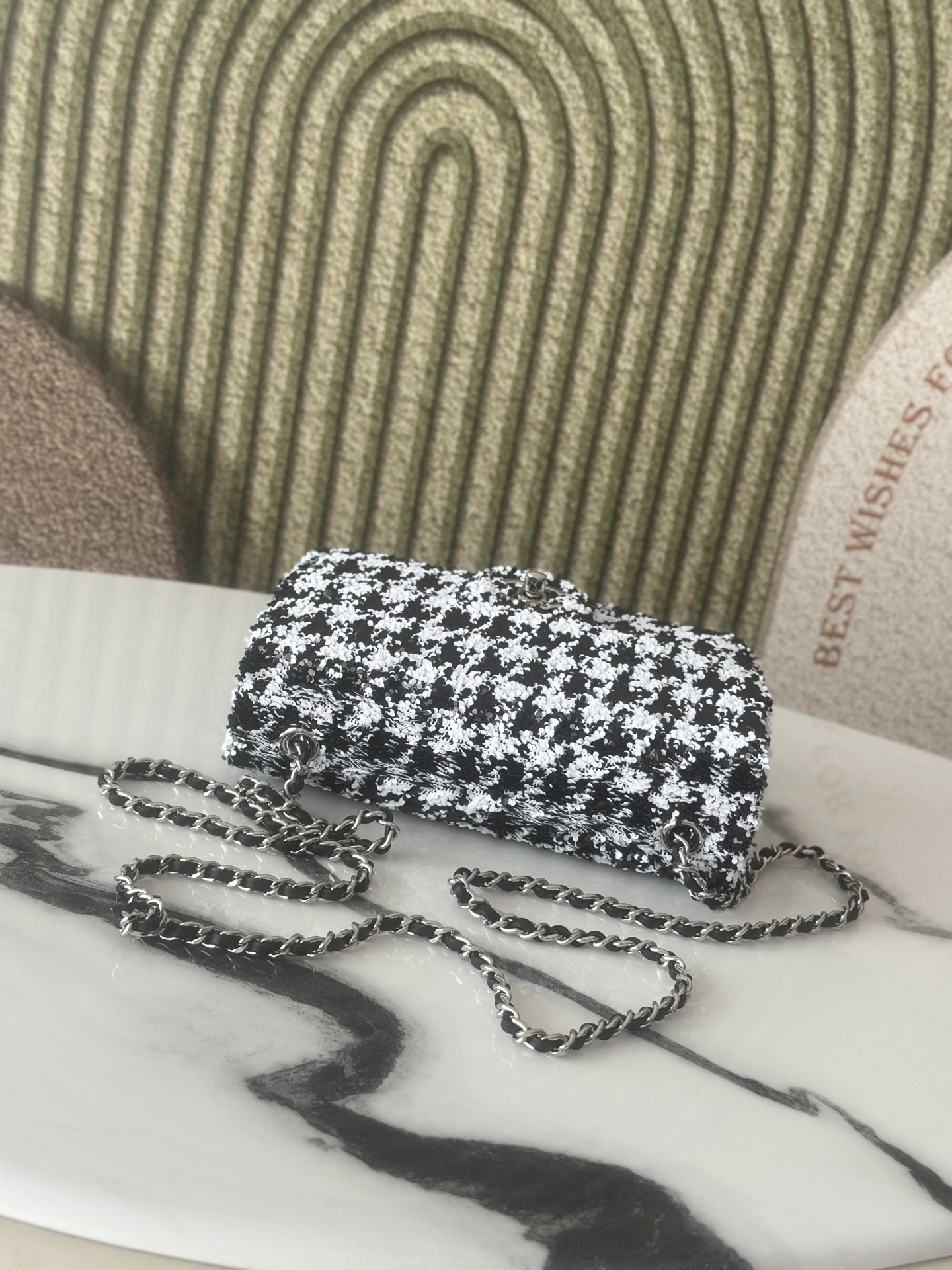 Limited Edition Black & White Houndstooth Sequin Mini Classic Flap Bag - Mocuir