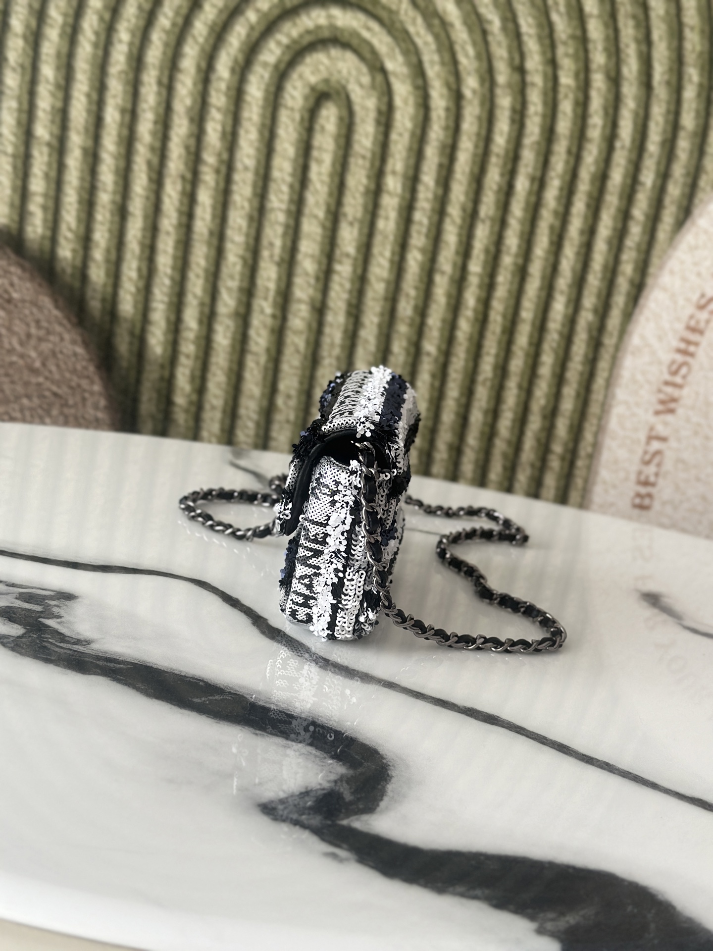 24C25C Mini Classic Flap Bag (AS4561) in Black & White Striped Hand-Embroidered Sequins with COCO Logo & Light Gold-Tone Hardware - Mocuir