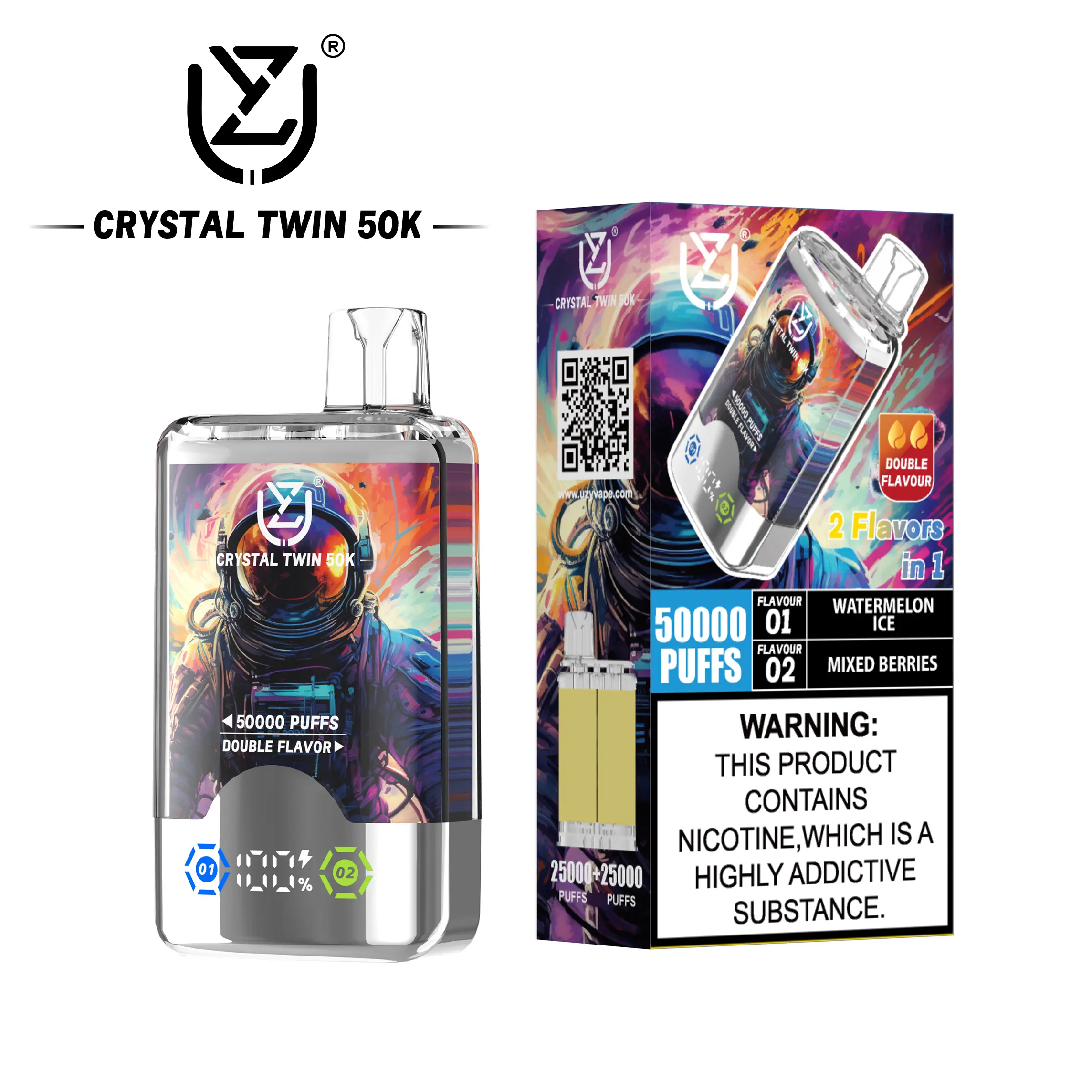 （3 pieces）UZY Crystal Twin 50000 50k Puffs Double Taste LED Display Disposable Vape
