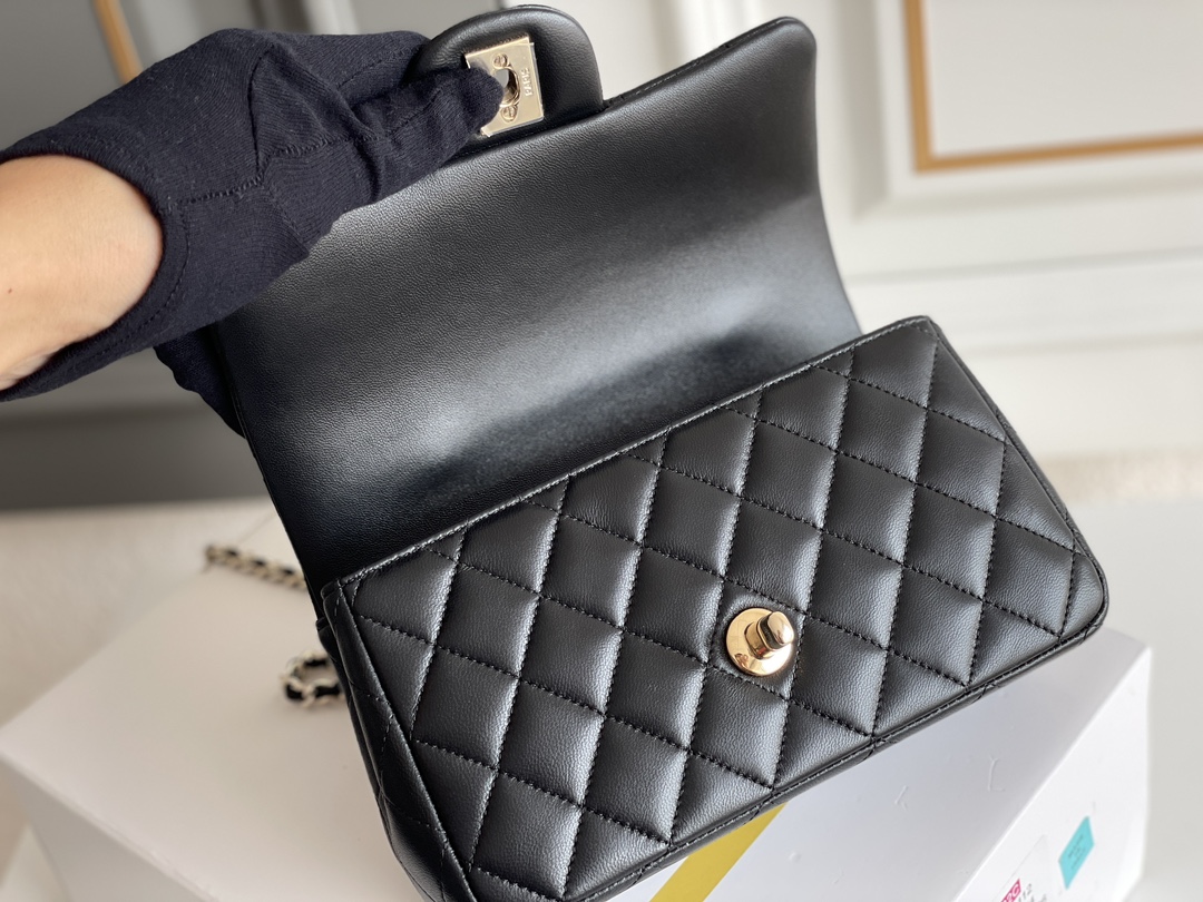 Classic Flap Mini Bag with Top Handle in Black Quilted Grained Lambskin with Gold-Tone Hardware - Mocuir