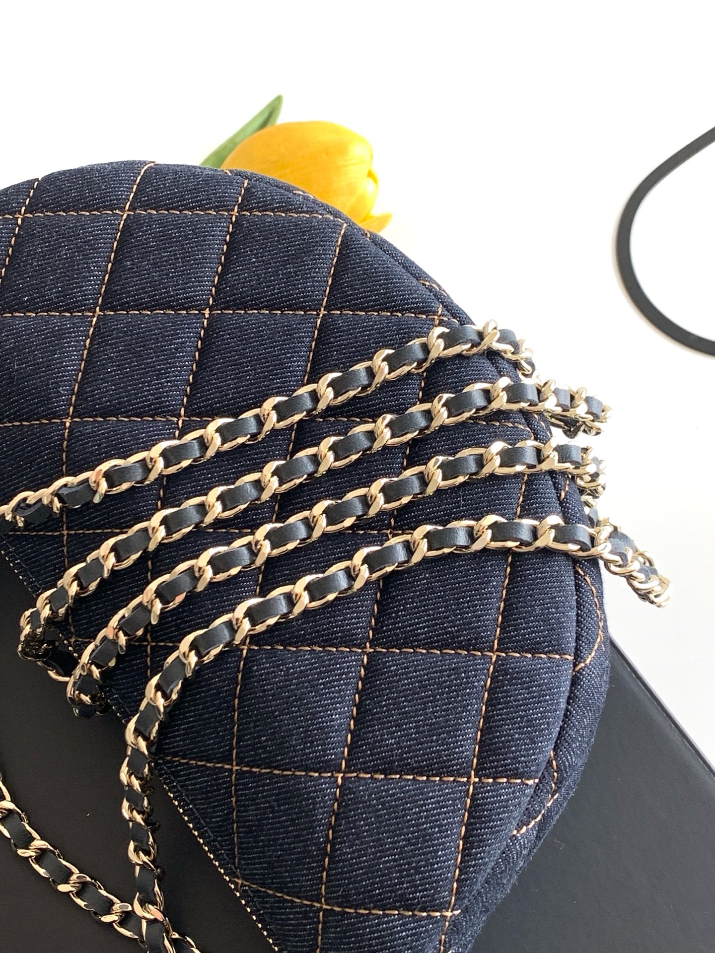 26S Spring-Summer Quilted Denim Moon Hobo Bag in Dark Blue with Gold Hardware (Model AS5652) - Mocuir