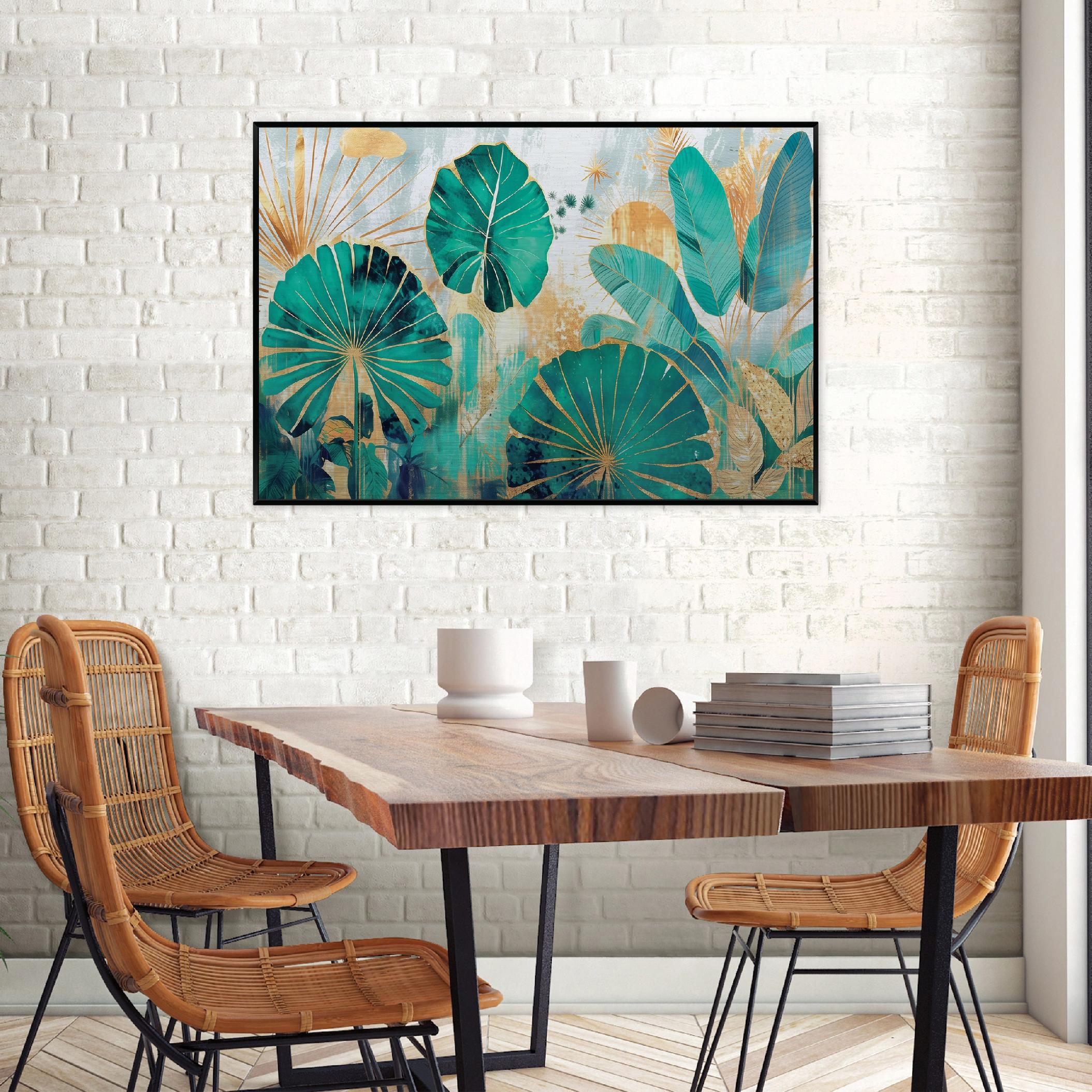 Metal painting in a black frame, jungle leaves, loft, living room, bedroom, 120x80