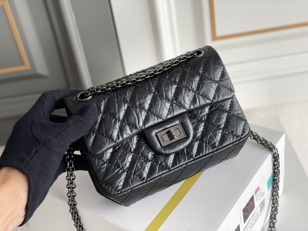 2.55 Reissue 225 Flap Bag in Black Aged Calfskin with Ruthenium Hardware (Model A01112) - Mocuir