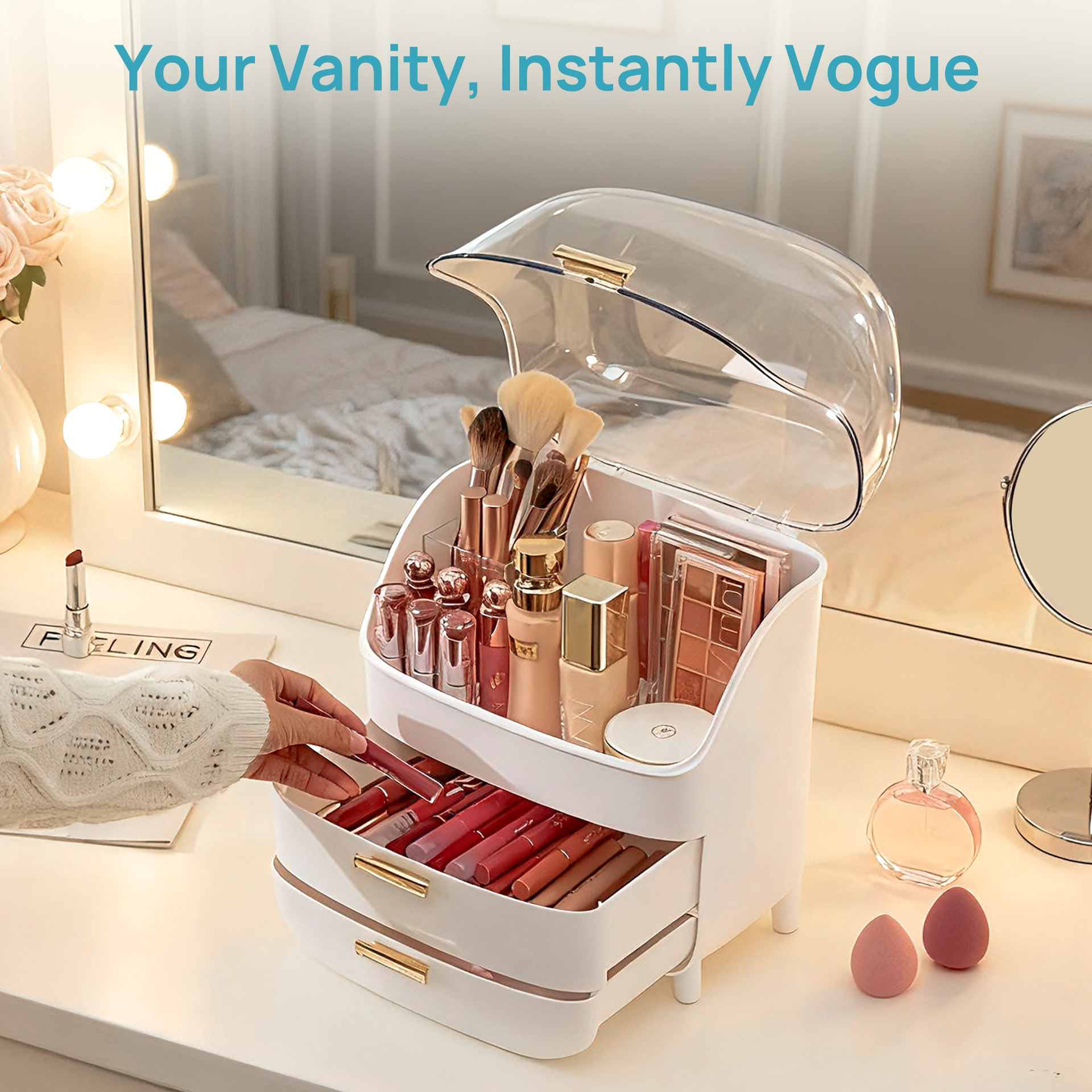 Cosmetics storage box desktop drawer dresser lipstick perfume mask skin care finishing box with lid dust storage.