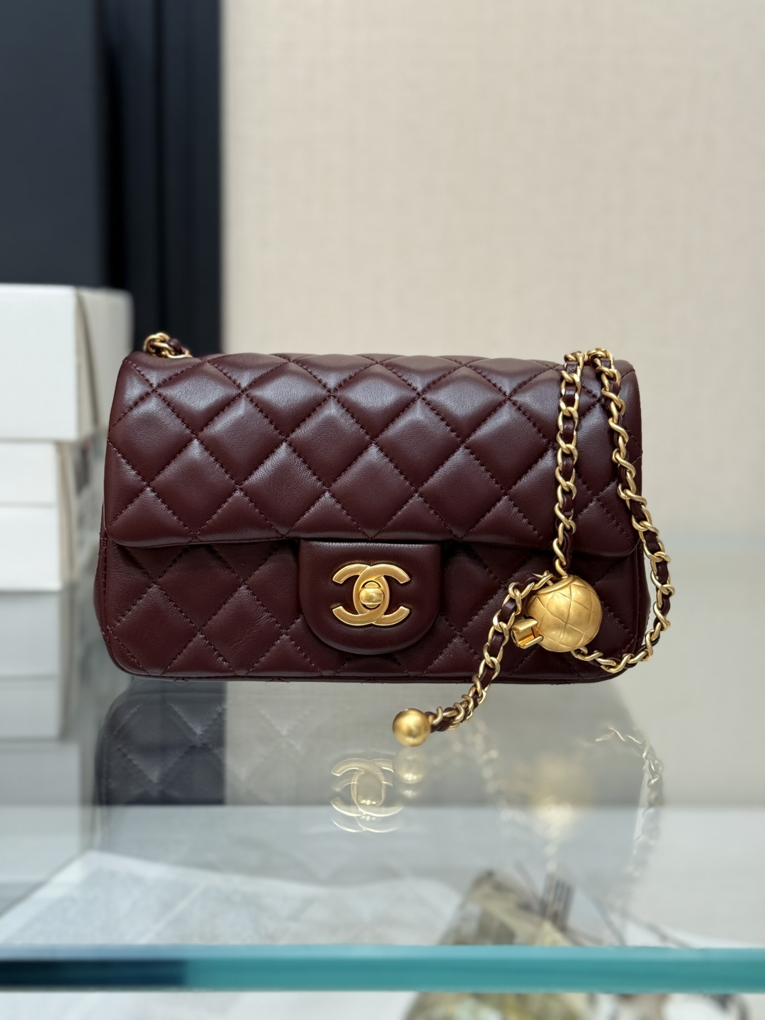 Classic Flap Large Mini (20cm) Bag (AS1787) in Burgundy Quilted Lambskin with Antique Gold-Tone Hardware & Globe Adjustable Gold Ball - Mocuir