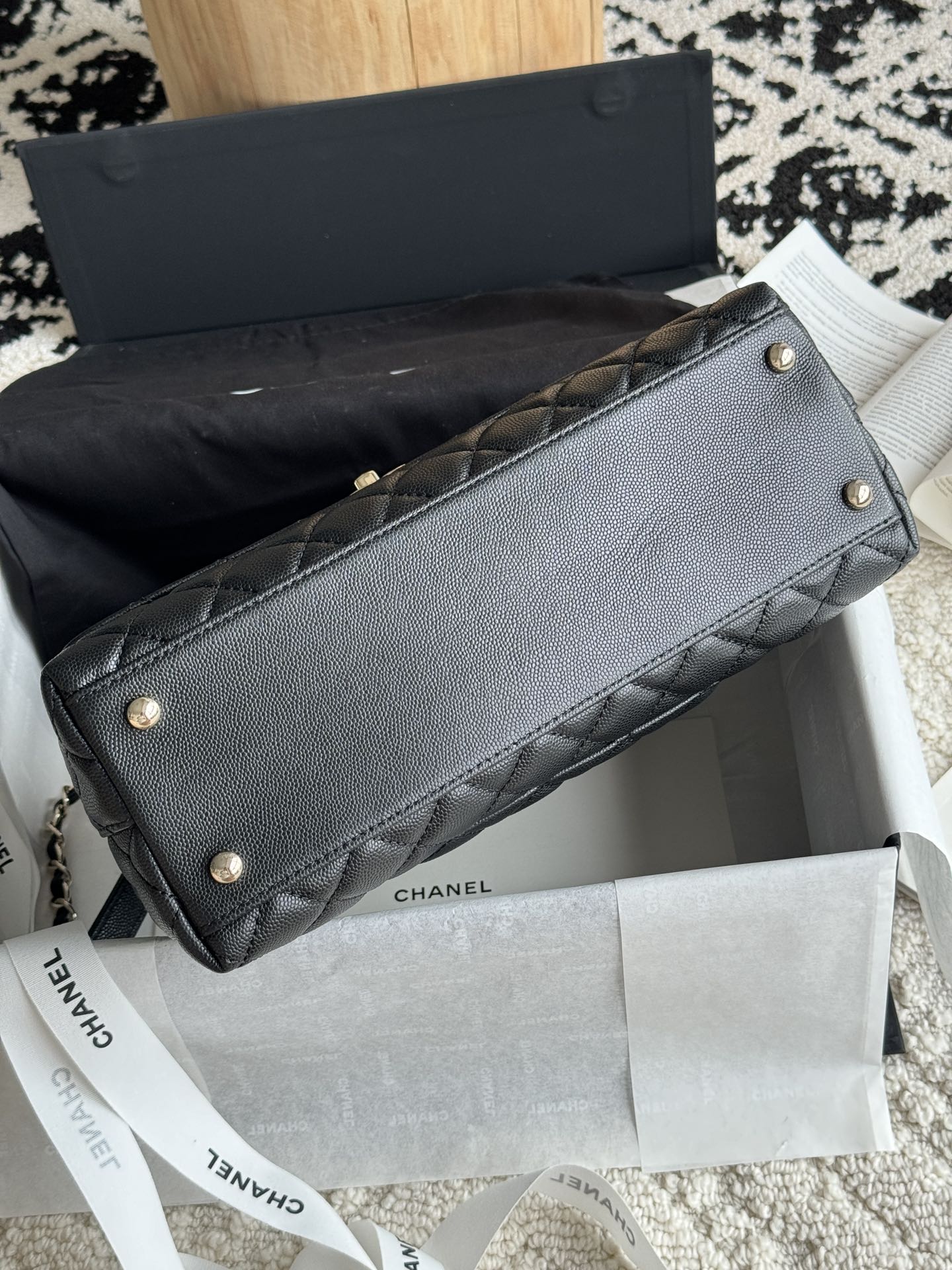 Small Coco Handle Flap Bag in Black Quilted Caviar Leather with Light Gold-Tone Hardware - Mocuir