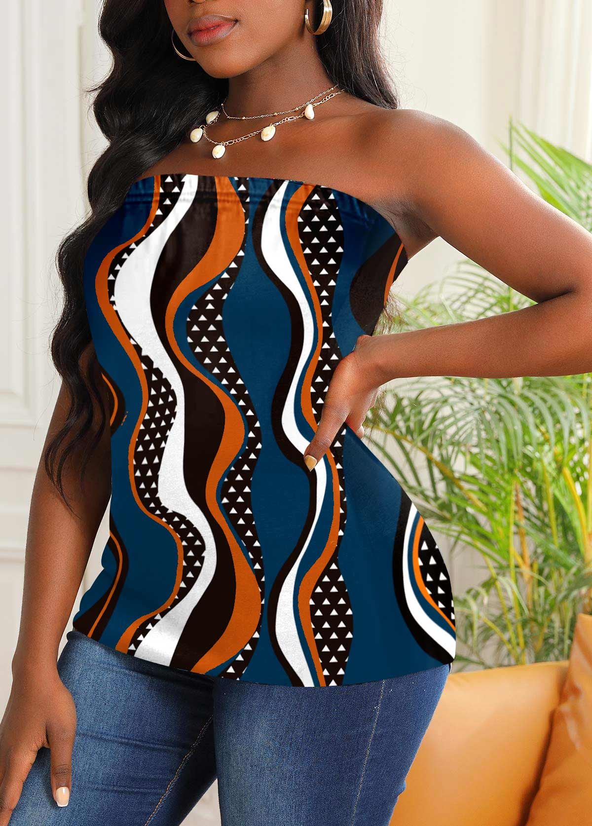 Strapless Blue Geometric Print Tank Top
