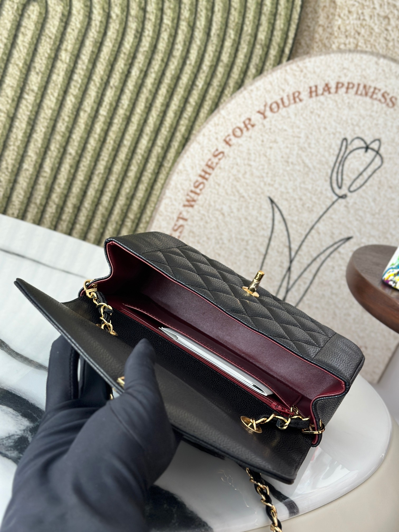 Black Caviar Quilted Medium Flap Bag with Gold Hardware - Mocuir