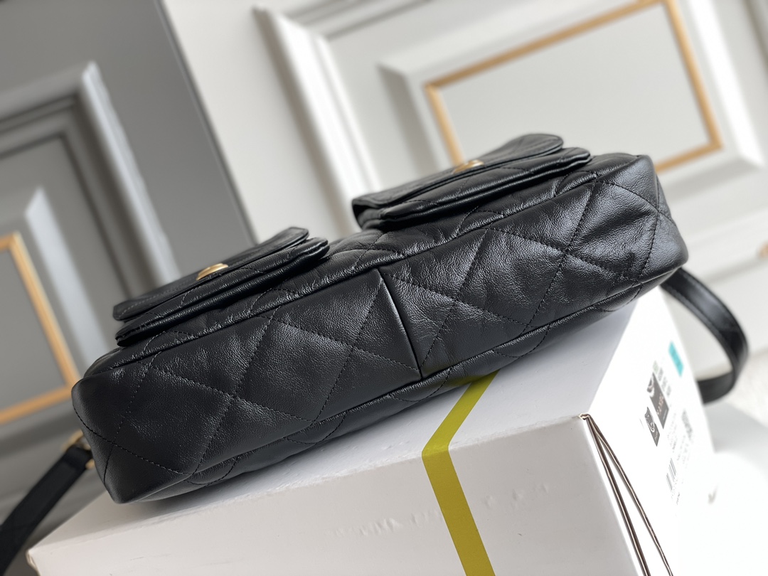 24P Large Hobo Messenger Bag in Black Quilted Shiny Calfskin with Aged Gold-Tone Hardware (Model AS4668) - Mocuir