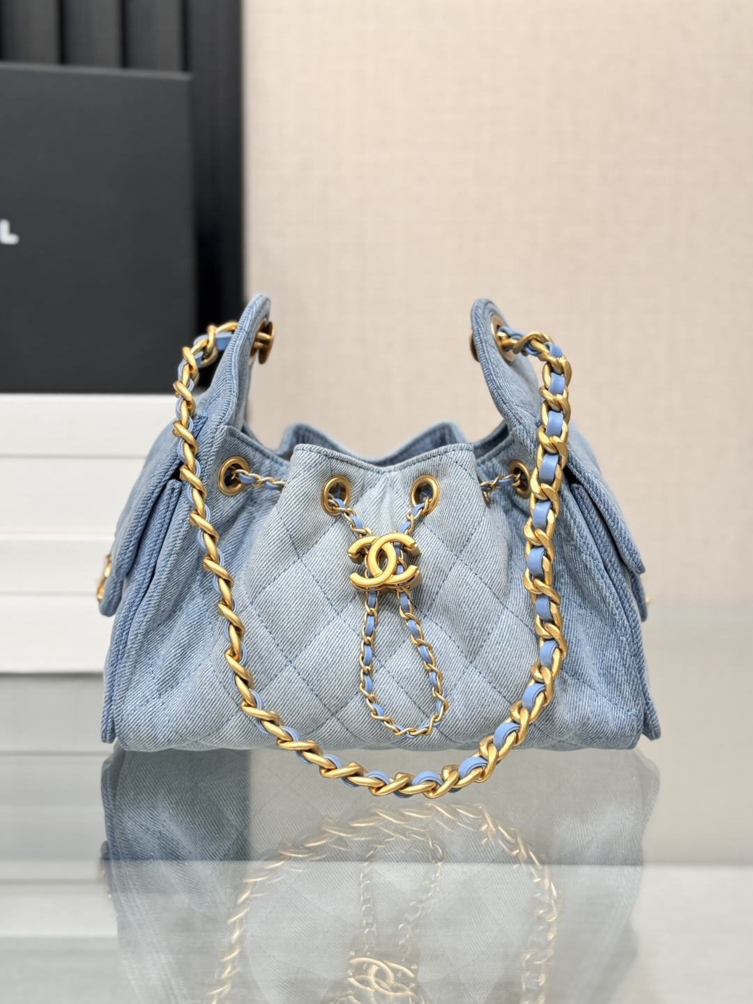 25 Small Hobo Bag (AS5293) in Light Blue Washed Denim & Antique Gold-Tone Hardware - Mocuir