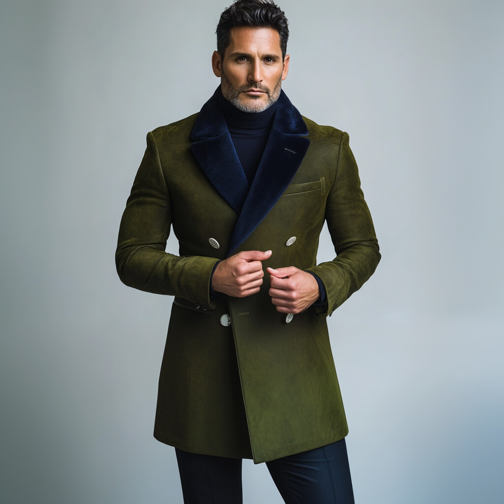 Men's Suede Two Tone Lapel Collar Double Breasted Long Blazer