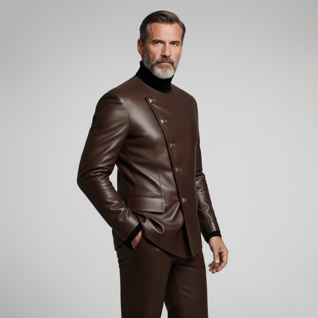 Men's Business Brown Round Neck Long Sleeve Asymmetrical Button PU Leather Jacket