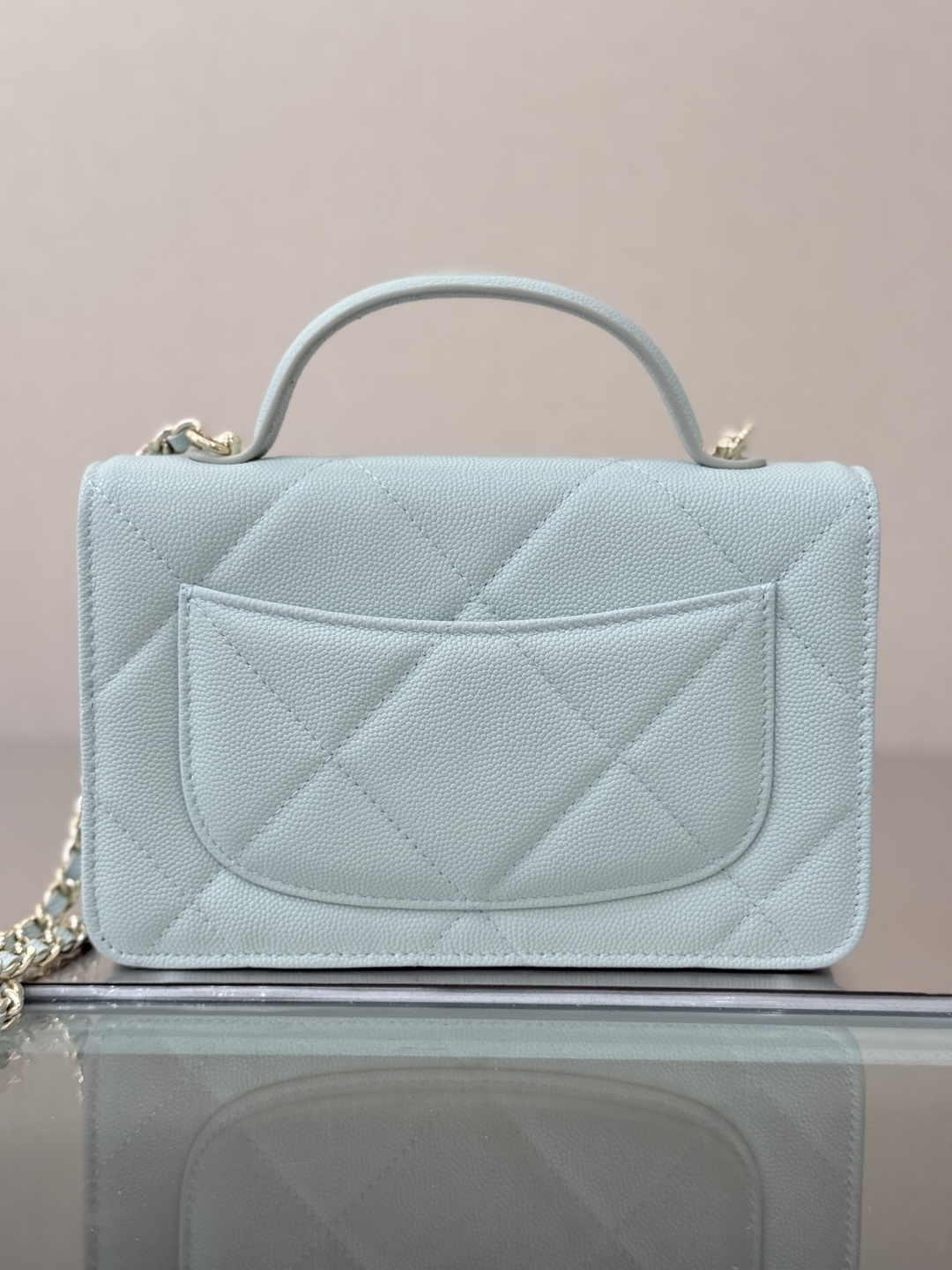 Wallet on Chain with Top Handle (AP3984) in Light Blue Caviar Leather with Gold-Tone Hardware, 25C Cruise Collection - Mocuir