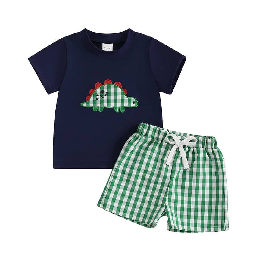 Short Sleeve Plaid Dino Toddler Set