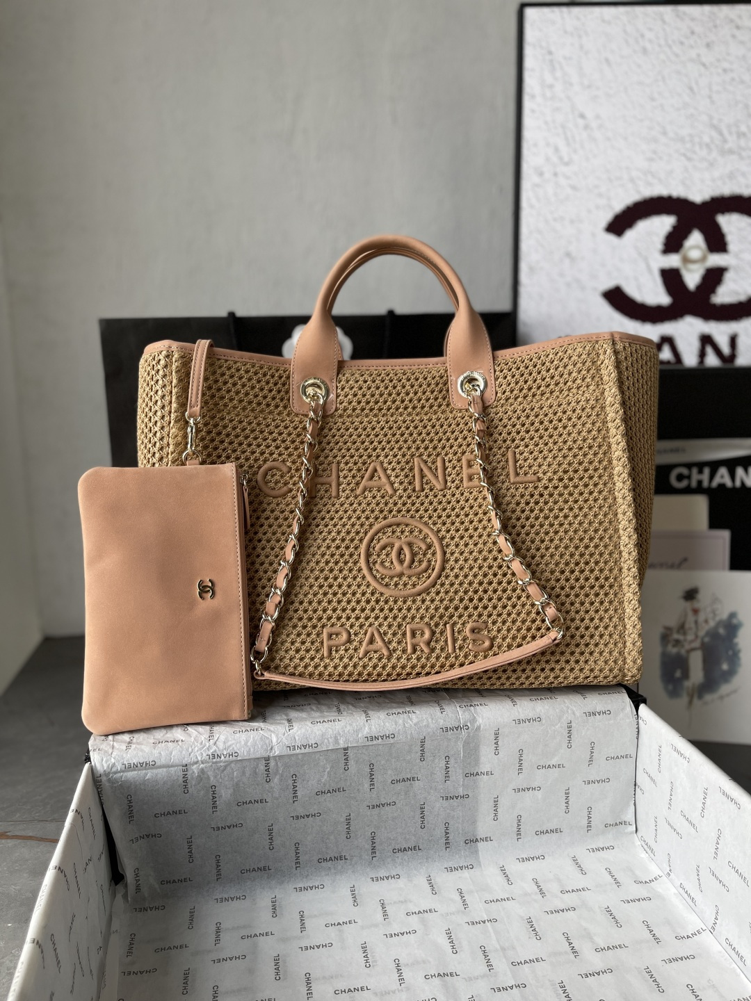 Deauville Large Openwork Knit Tote Bag in Nude with Light Gold-Tone Hardware - Mocuir