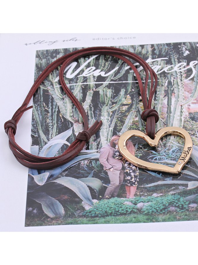 Retro Golden Heart-Shaped Leather Necklace