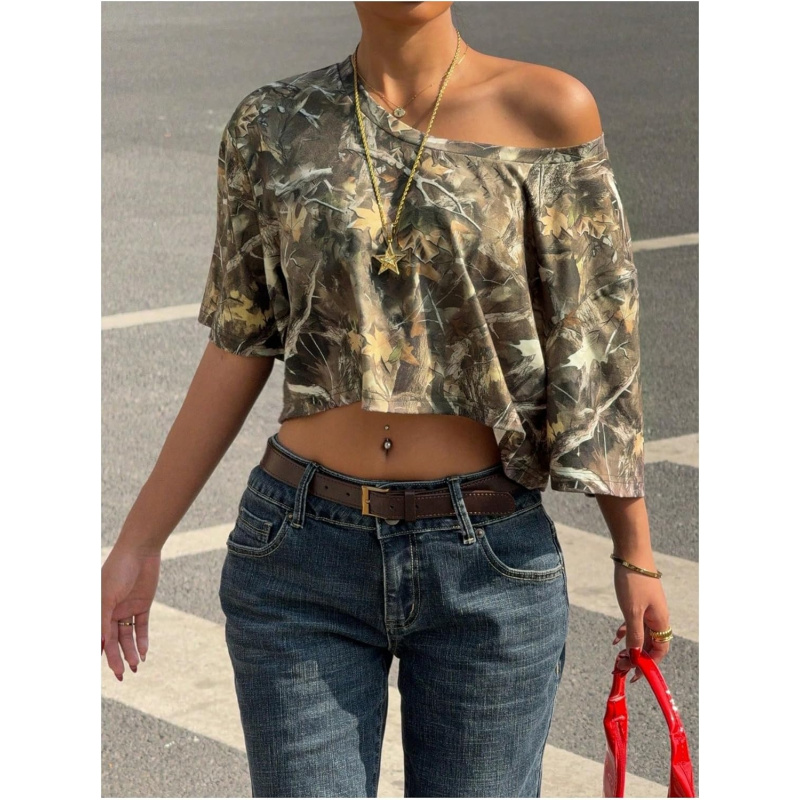 Women's Y2k Camo Print Off The Shoulder