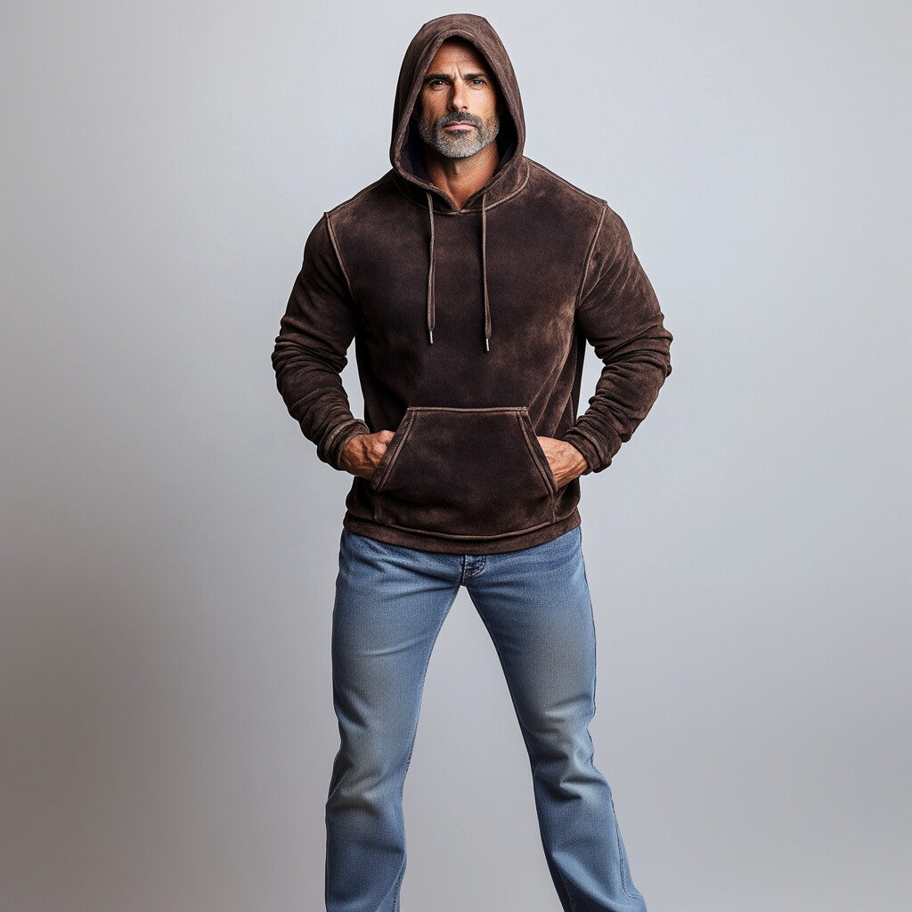 Men's Daily Suede Solid Pocket Long Sleeve Drawstring Hoodie