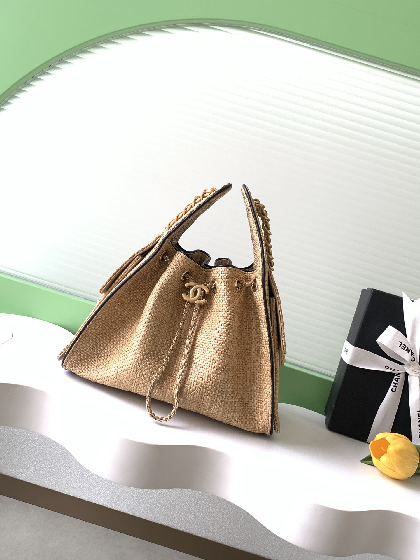 Small 25 Hobo Bag in Beige Braided Raffia (26C Cruise Collection) - Mocuir