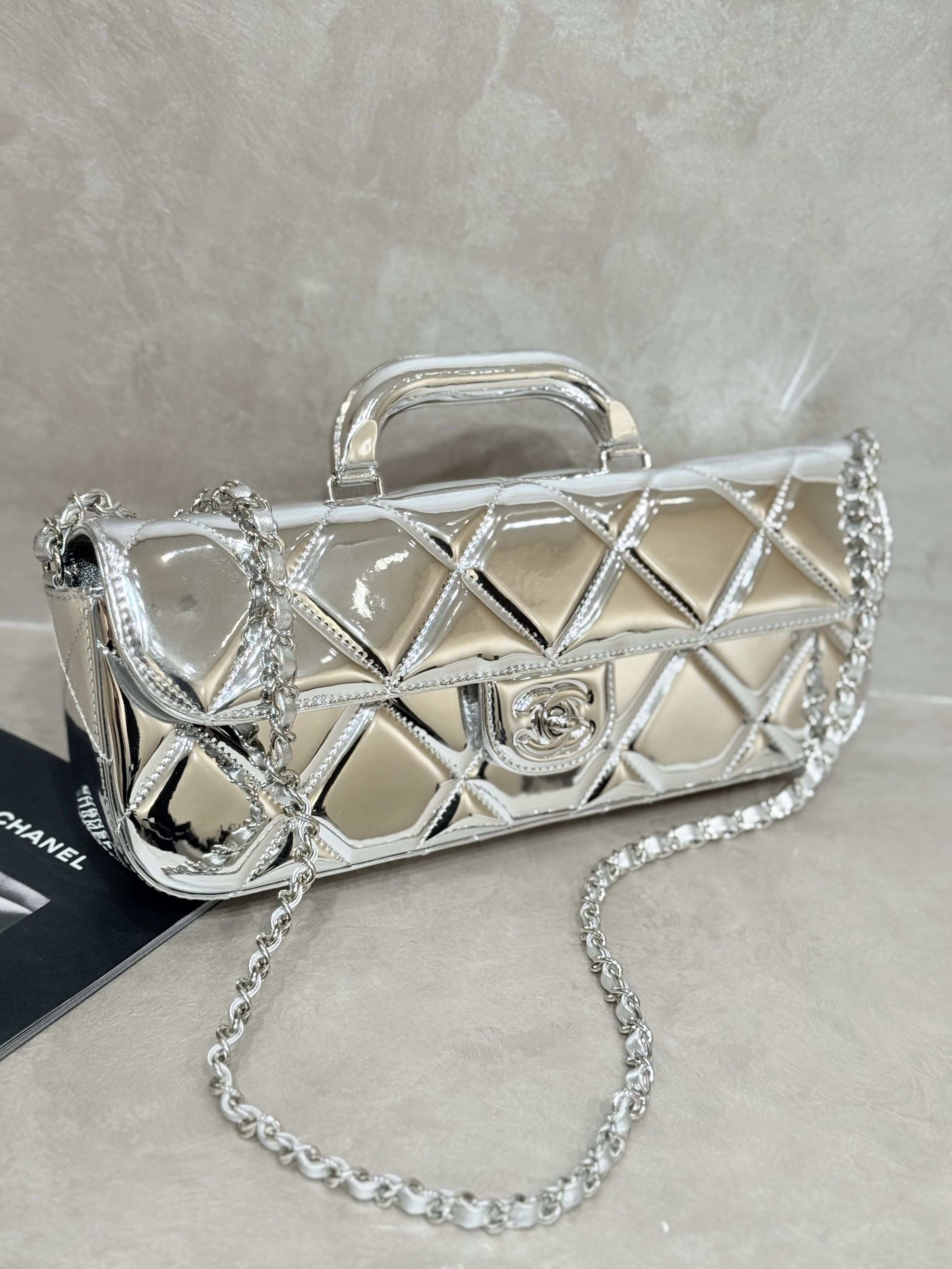 Large Flap Bag With Handle in Metallic Mirror Silver Calfskin with Silver-Tone Hardware (25K Collection) - Mocuir