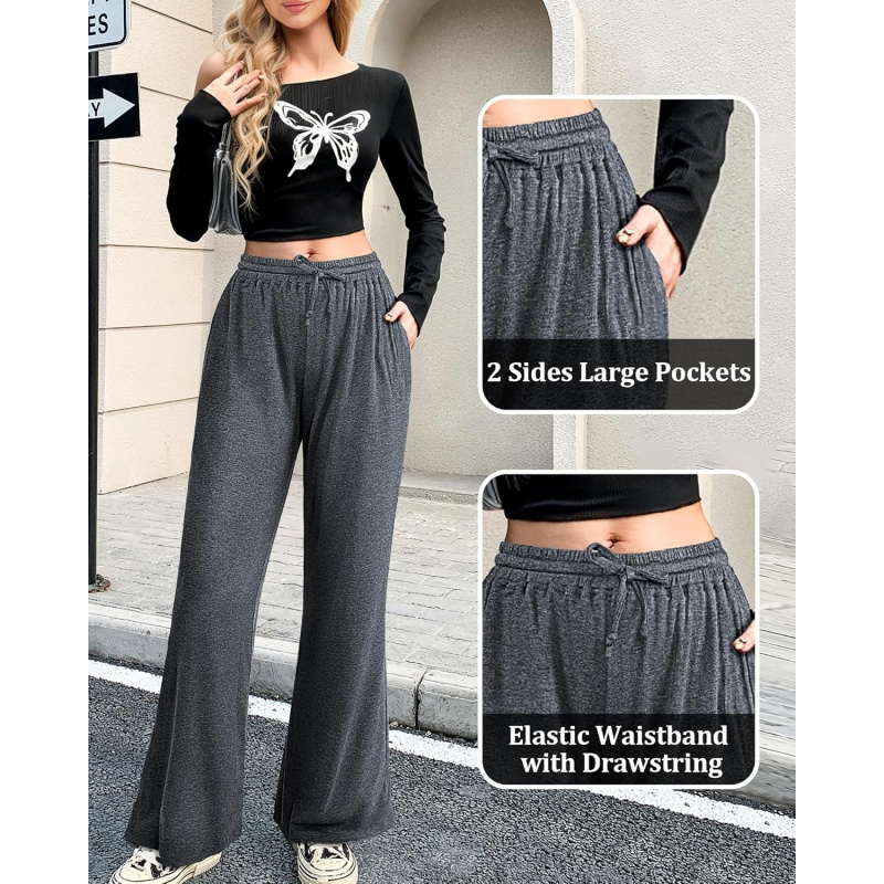 Women's Wide Leg Pants with Pockets Ribbed Knit