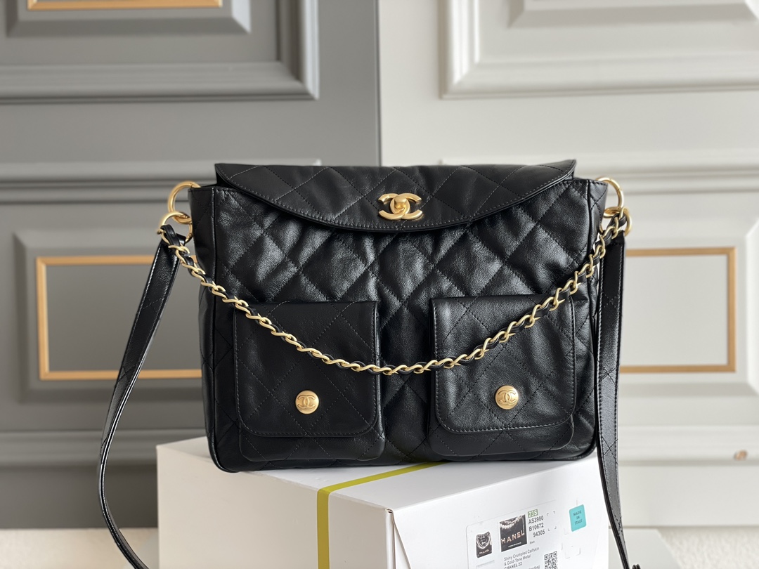 24P Large Hobo Messenger Bag in Black Quilted Shiny Calfskin with Aged Gold-Tone Hardware (Model AS4668) - Mocuir