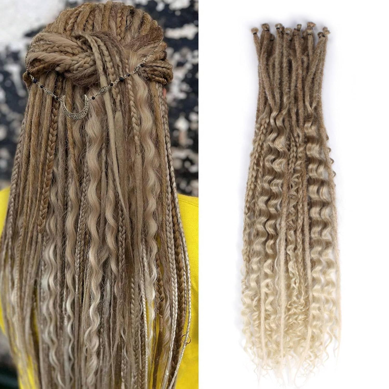 24 Inch 3 In 1 Dreadlock Extensions Sets, 30 Strands Mixed Brown to Blonde Synthetic SE Dreads Extensions, 100% Handmade Soft Single Ended Curly Boho Wavy Dreads for Girls
