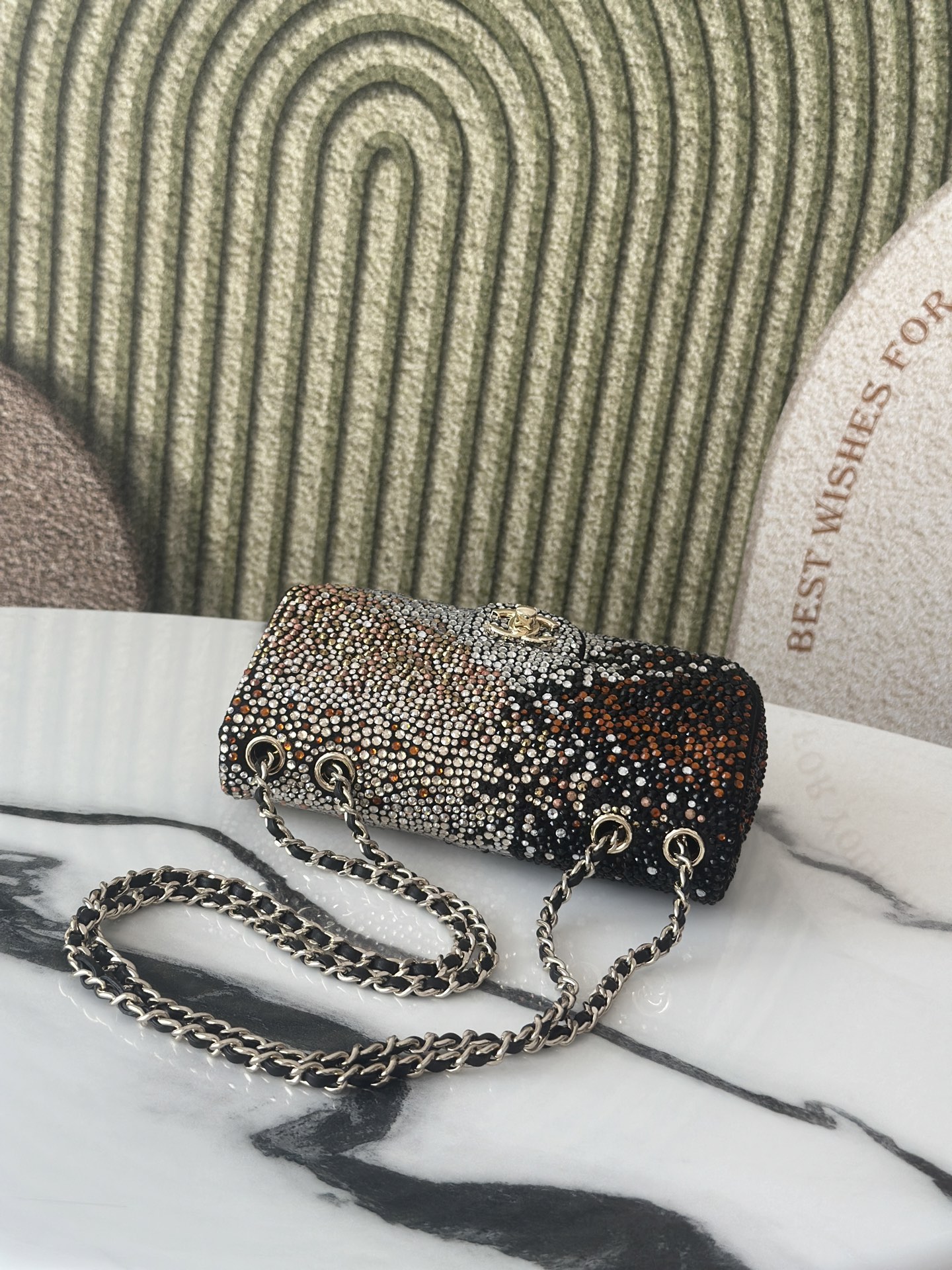 Classic Flap Mini Bag in Black Ombré Strass Crystal Embellished Suede (Gold Hardware) - Mocuir