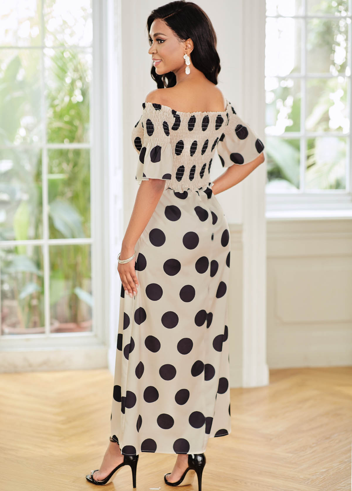 Smocked Off Shoulder Polka Dot Dress