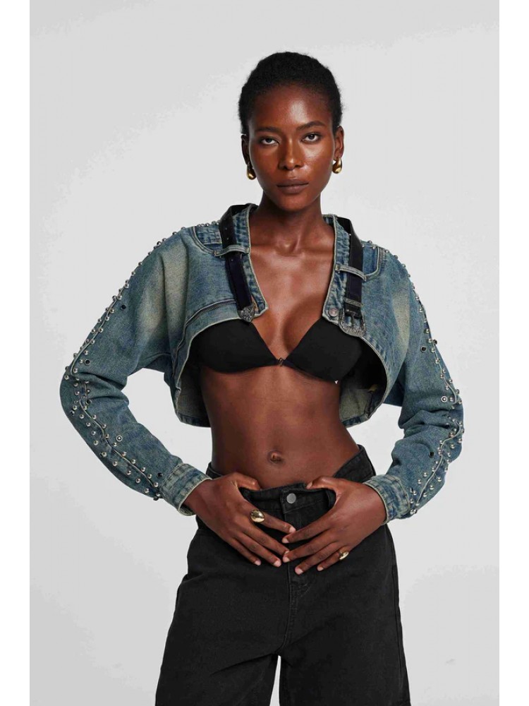 Beading Denim Lapel Cropped Jackets