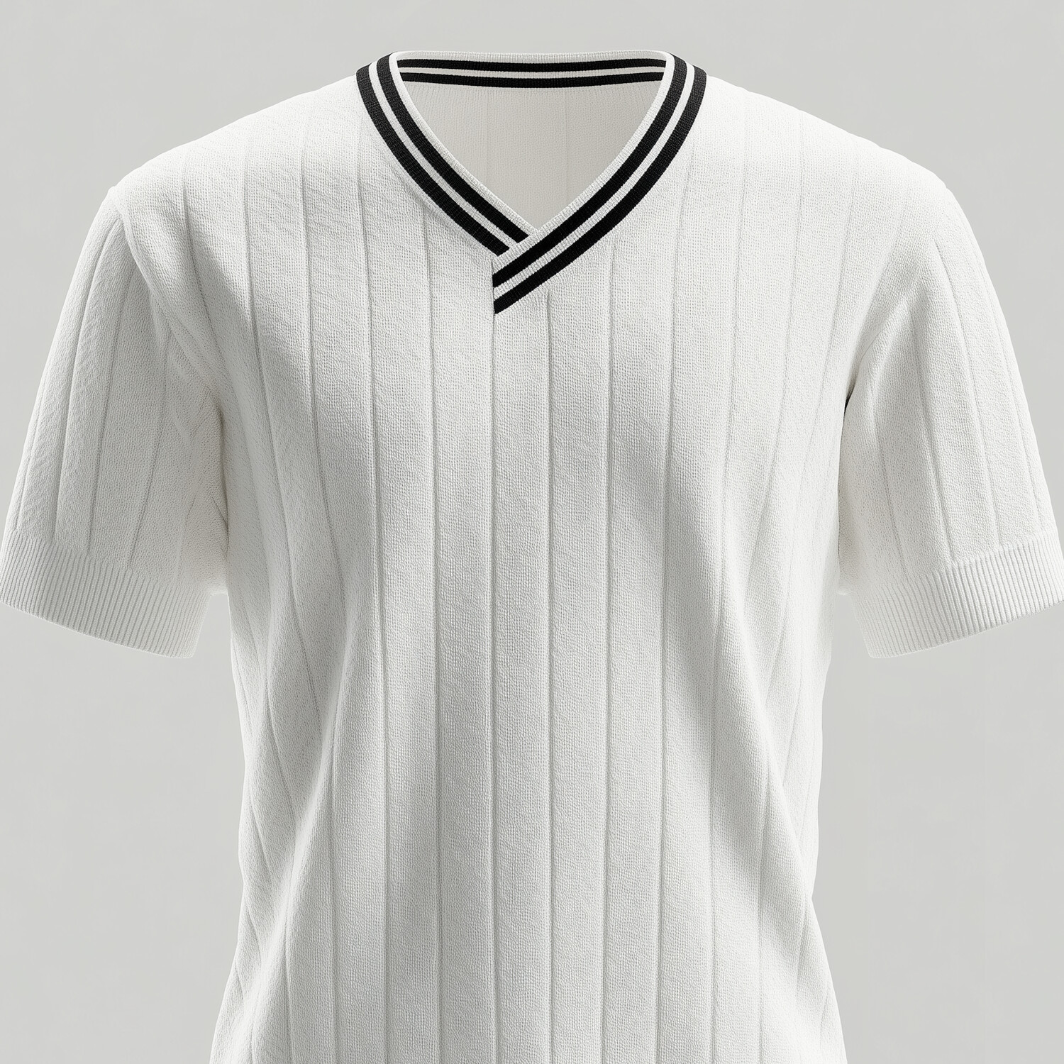 Men's Ribbed Knit V Neck Black Striped Short Sleeve T-Shirt