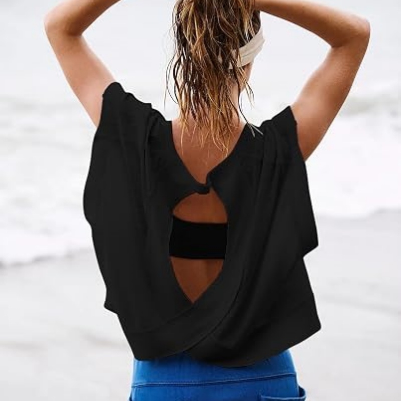 Women Short Sleeve Workout Shirts Open Back Tops Casual Yoga Y2k Athletic Gym Slouchy Crop Running Tees