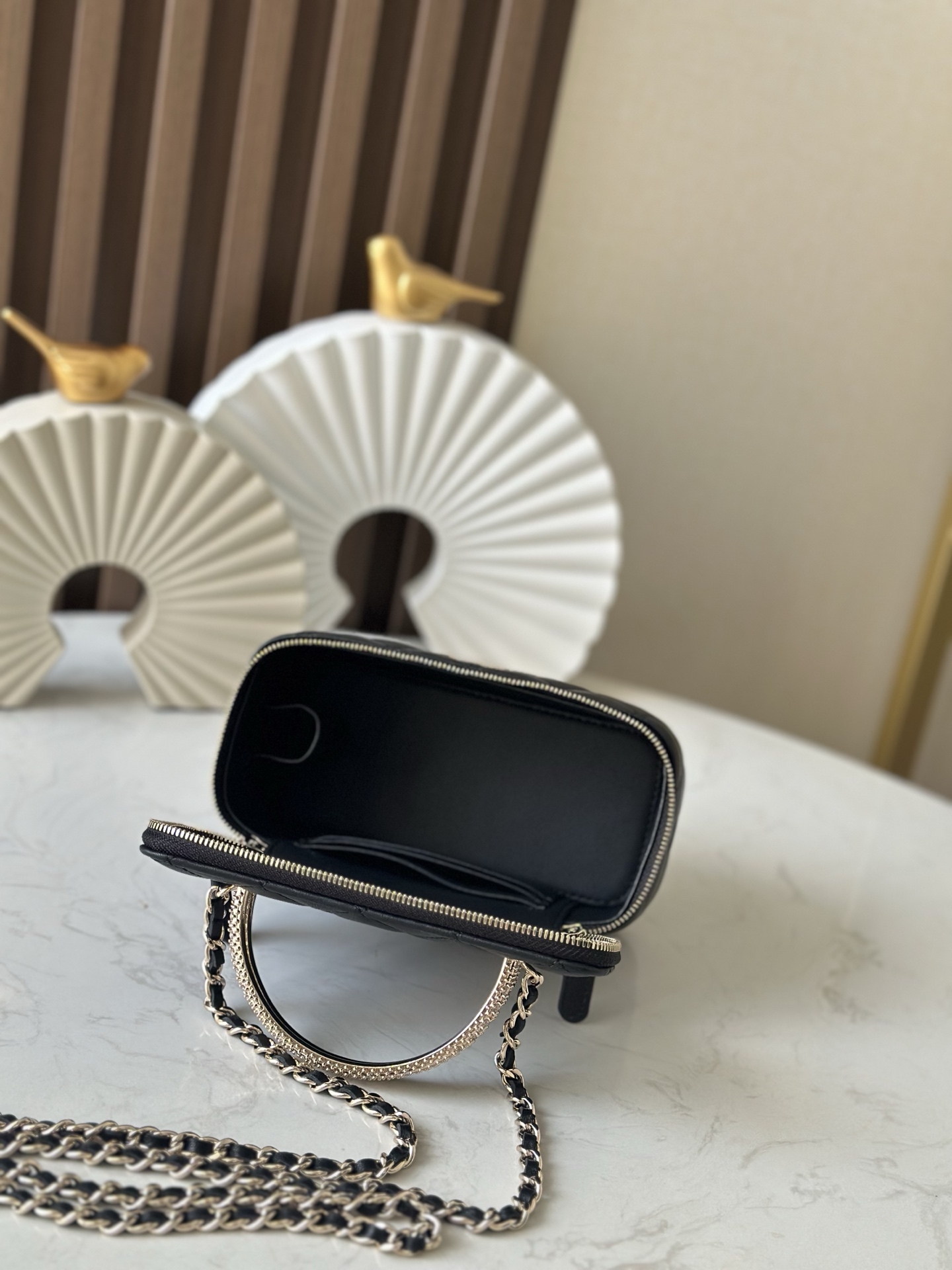 Black Lambskin Quilted Small Vanity Case with Crystal Handle (Model A66068) - Mocuir