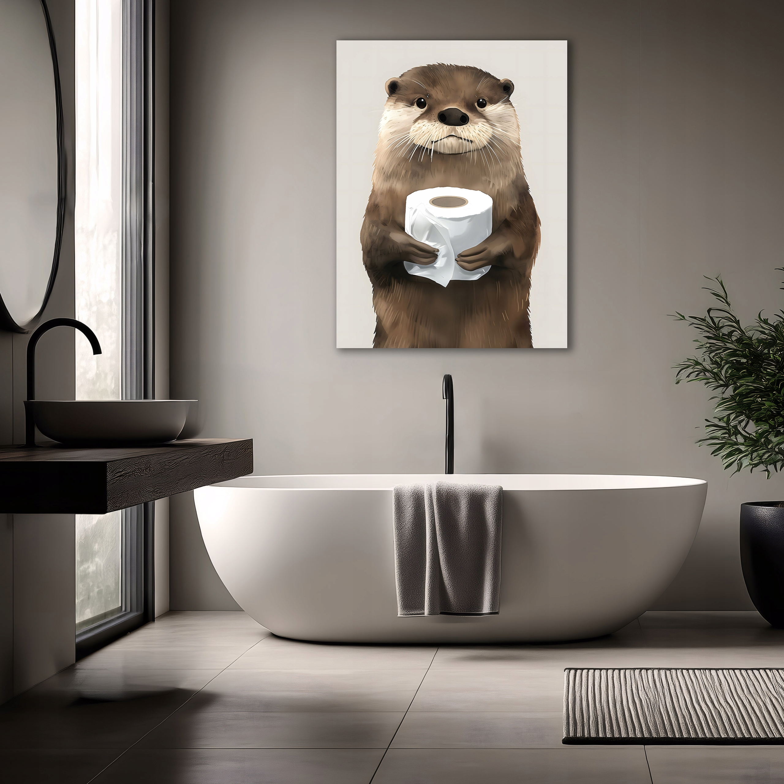Funny otter toilet paper bathroom art on canvas, 40x30