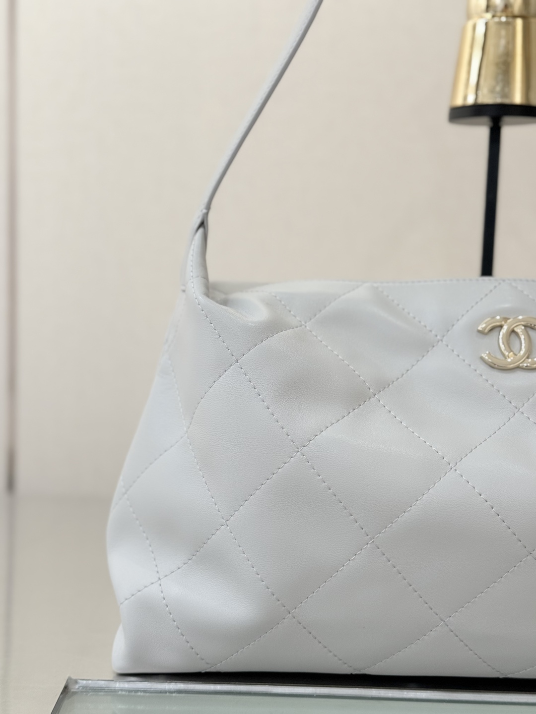 26P Hobo Shoulder Bag in Light Grey Quilted Lambskin with Light Gold-Tone Hardware - Mocuir