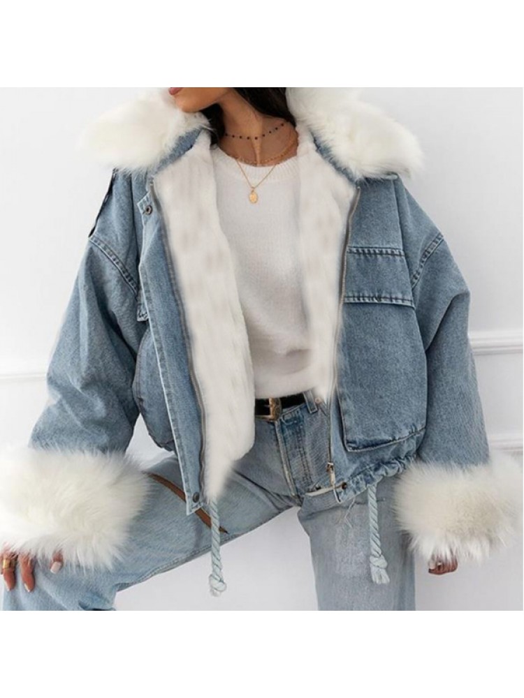 Casual Denim Fake Fur Patchwork Loose Short Coats