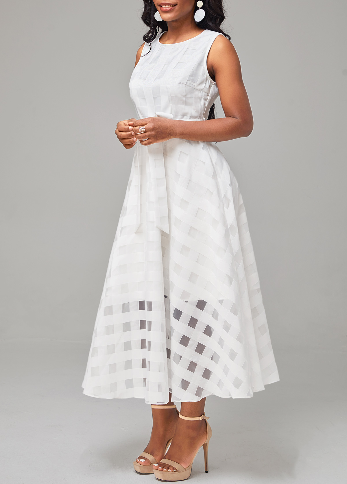 White Mesh Belted Sleeveless Round Neck Dress