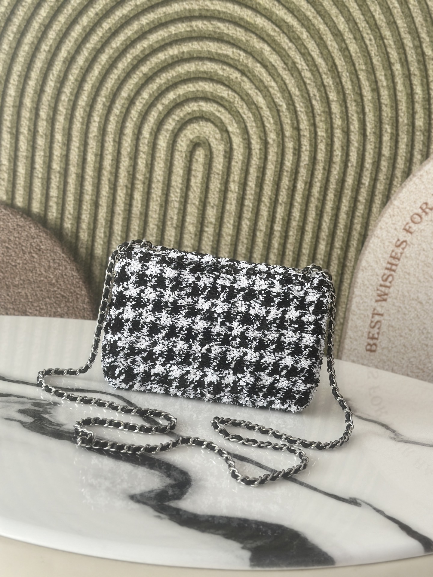 Limited Edition Black & White Houndstooth Sequin Mini Classic Flap Bag - Mocuir