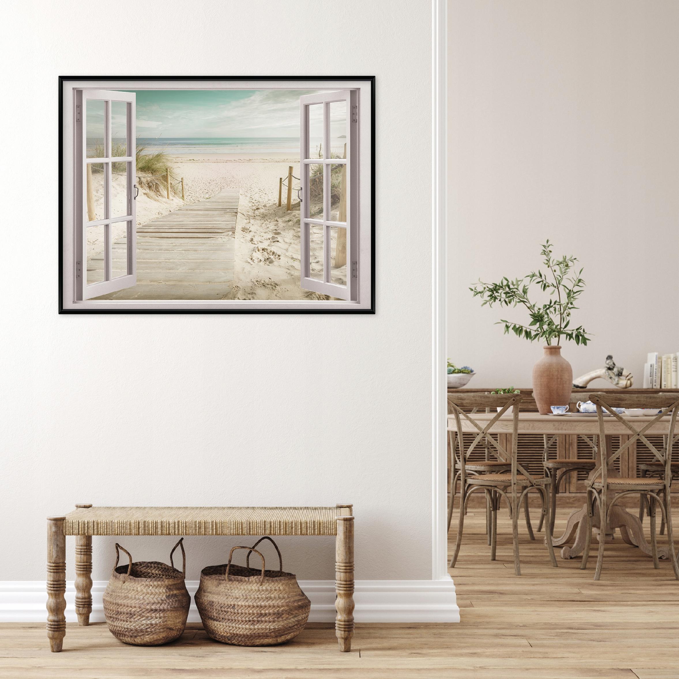 Picture in a black frame on canvas, 3D window, sea, beach, living room, bedroom, 60x40
